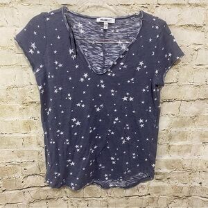William Rast Blue White Star Print Short Sleeve Henley Top